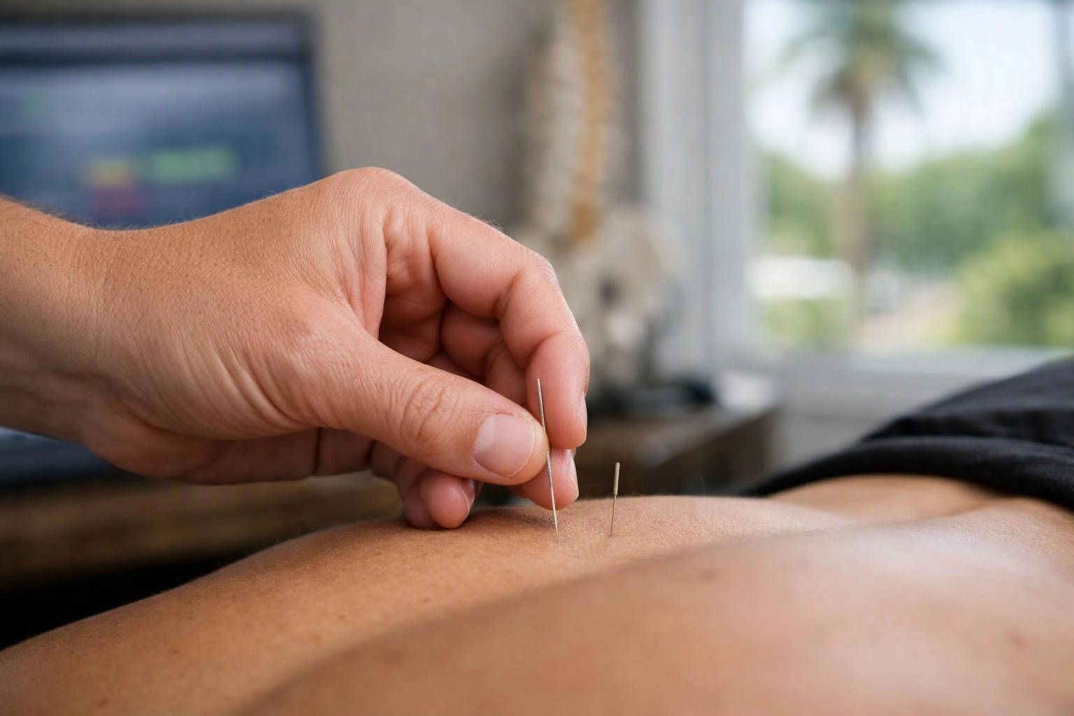 A hand places thin acupuncture needles into bare skin in a softly lit room