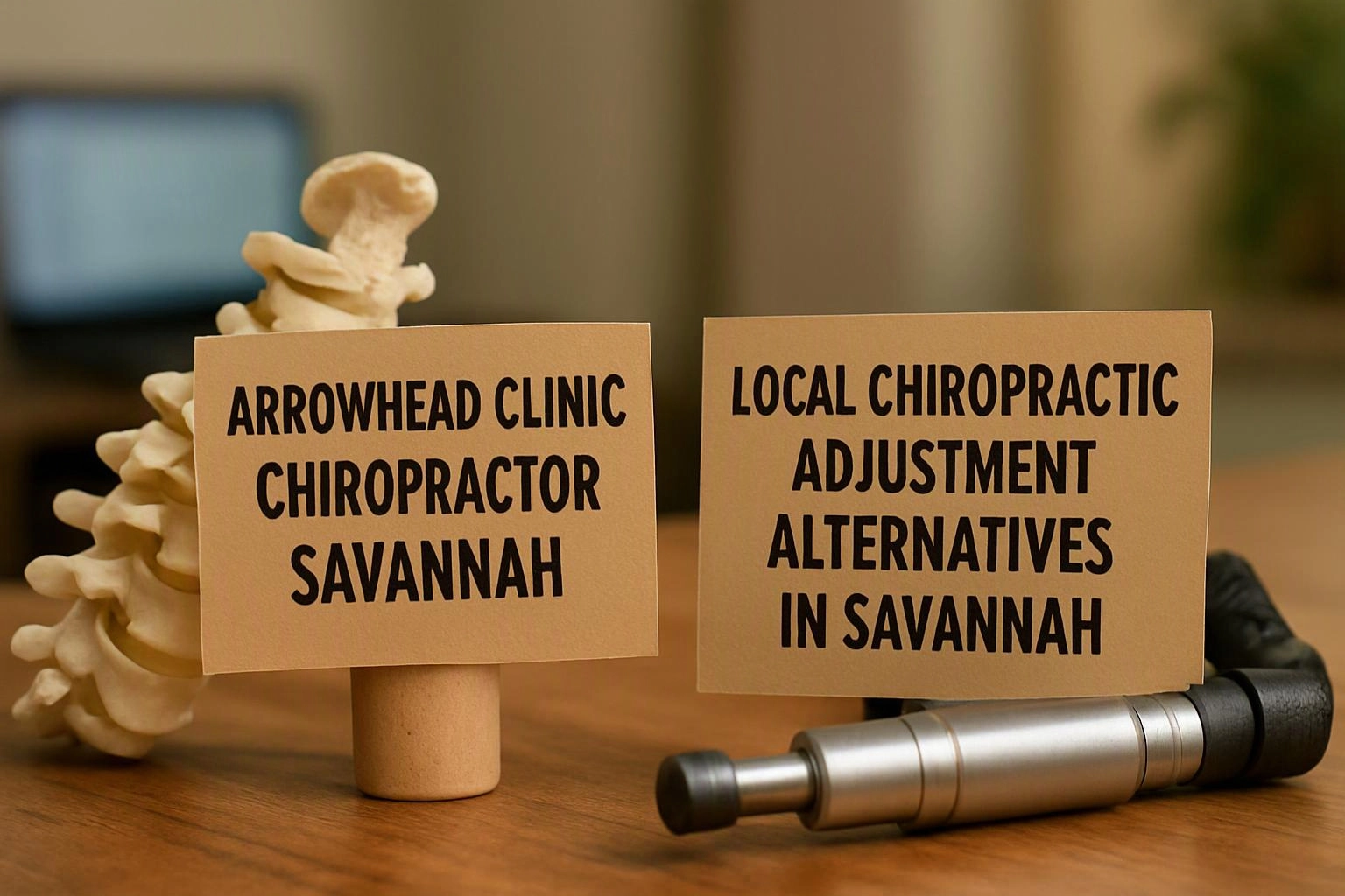 A tabletop display shows a spine model, two chiropractic cards, and a metal adjustment tool in a clinic setting