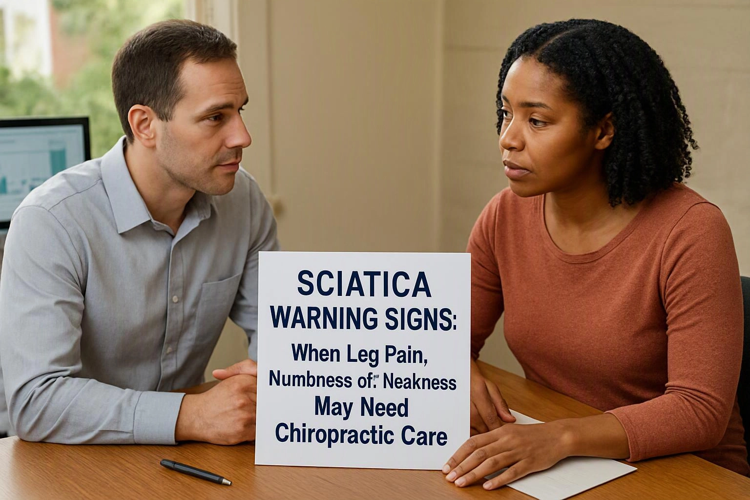 Two adults sit at a table with a sign about sciatica warning signs between them in a bright office