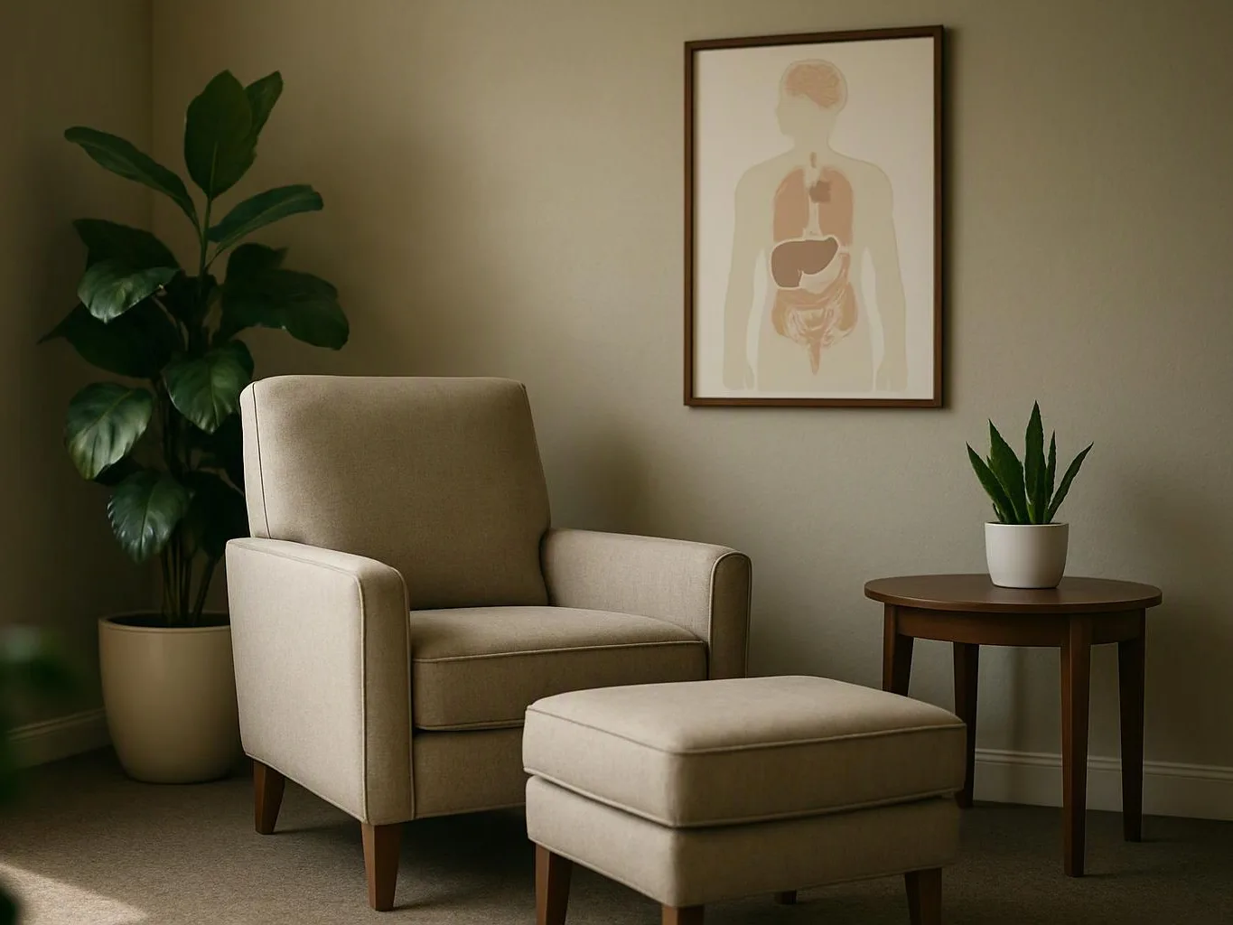 A beige armchair and ottoman sit in a calm room with plants, a side table, and a framed anatomy print on the wall