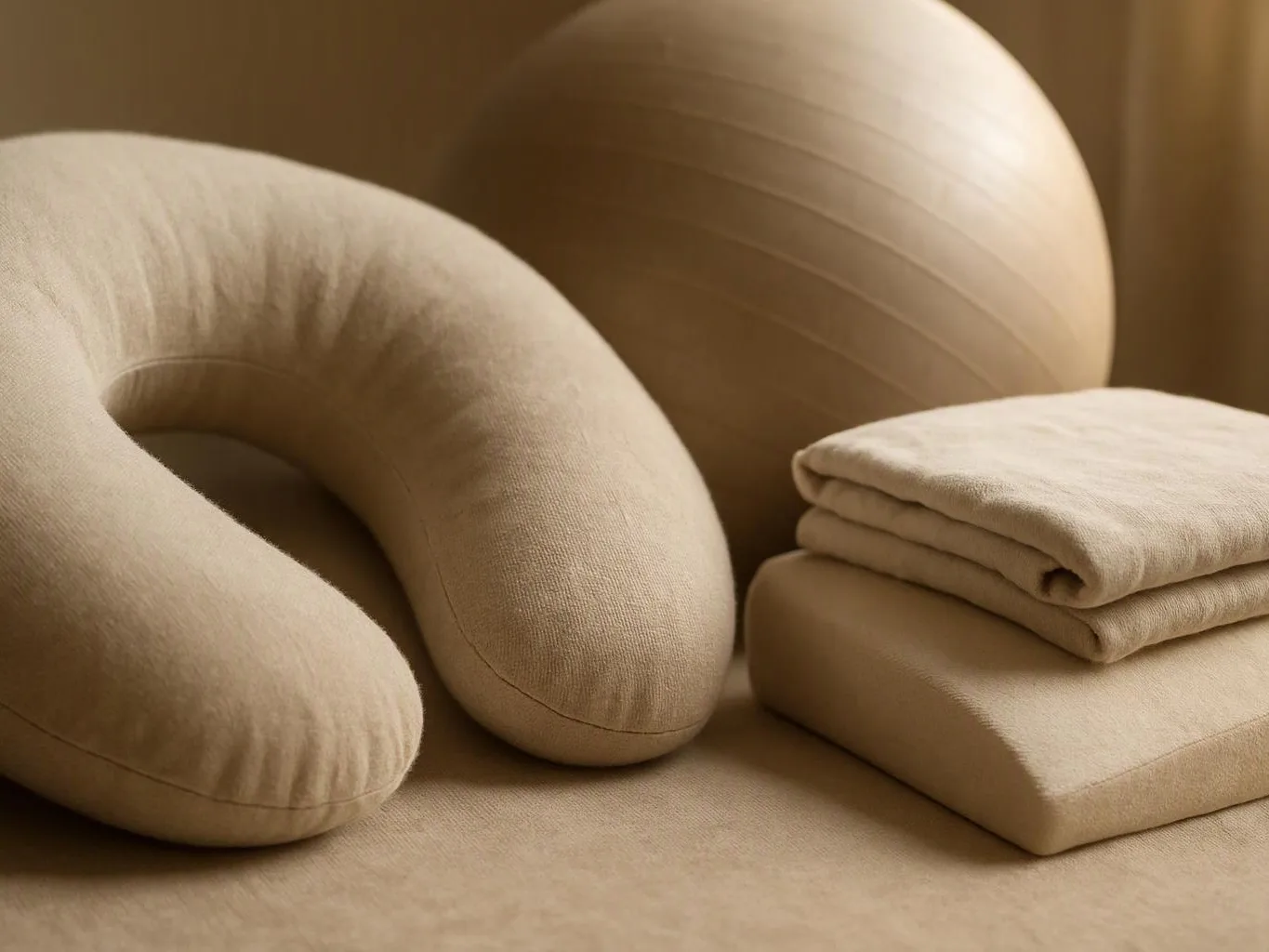 Beige cushions and folded blankets sit on a soft floor in warm light