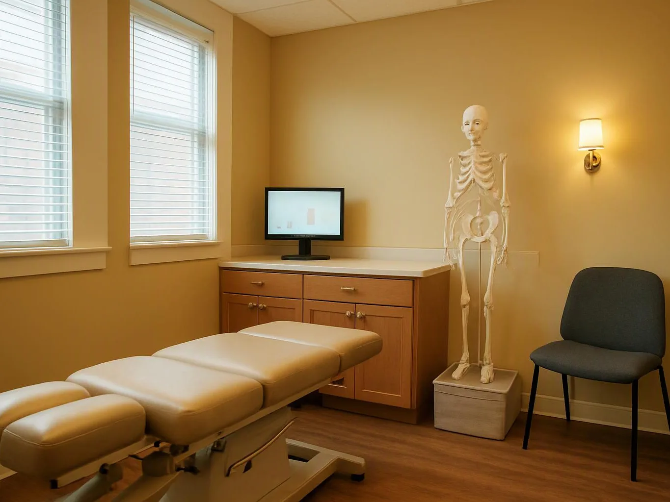 A beige medical exam room has an empty treatment table, a skeleton model, a monitor, and a chair by the wall