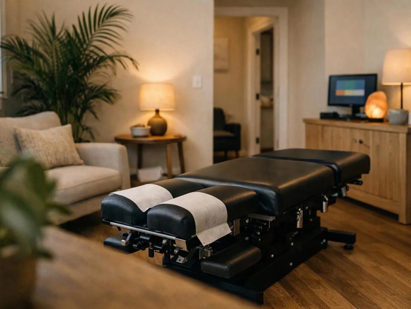 A black massage table sits in a cozy living room beside a sofa, lamp, and cabinet with a small monitor