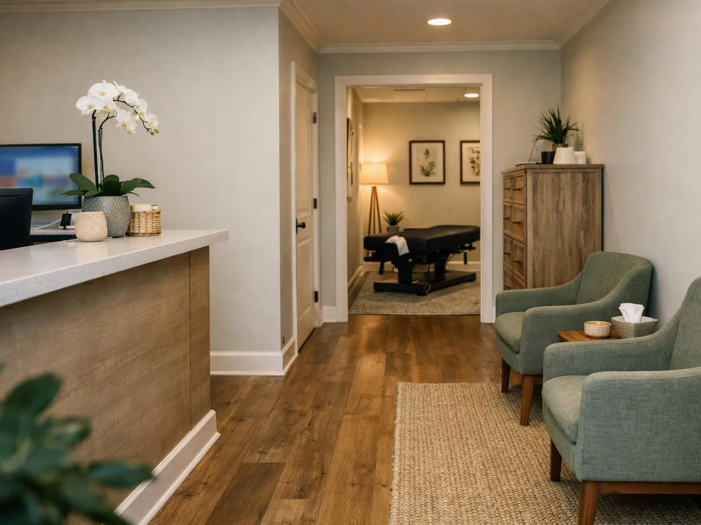 A calm clinic waiting area shows two chairs, a front counter, and a treatment room through an open doorway
