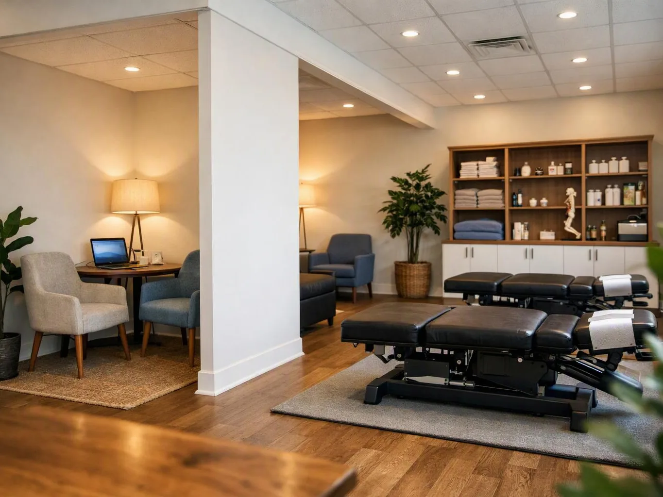 A calm treatment room shows massage tables, chairs, lamps, and shelves with neatly arranged supplies