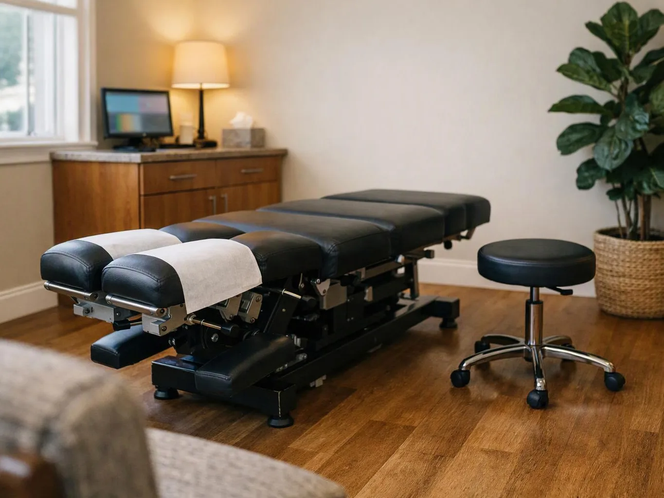 A chiropractic treatment table and rolling stool sit in a calm room with a lamp, cabinet, plant, and window