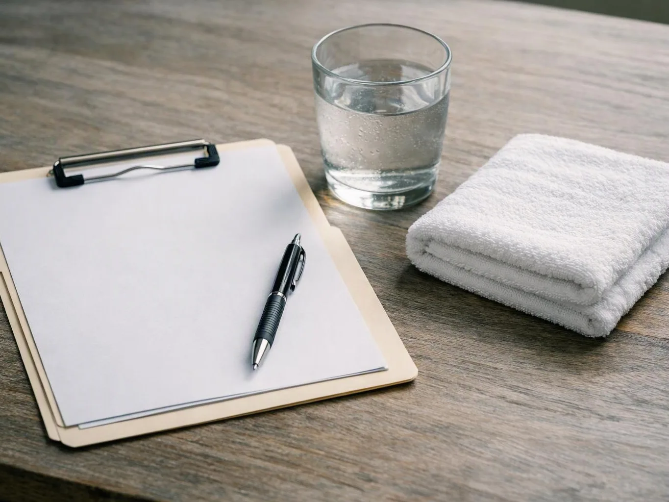 A clipboard with blank paper, a pen, a glass of water, and folded white towels sit on a wooden table