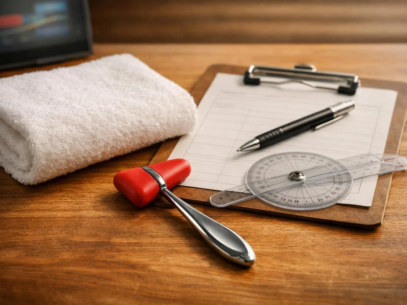 A clipboard with paper, pen, protractor, and reflex hammer sits beside a folded white towel on a wooden table