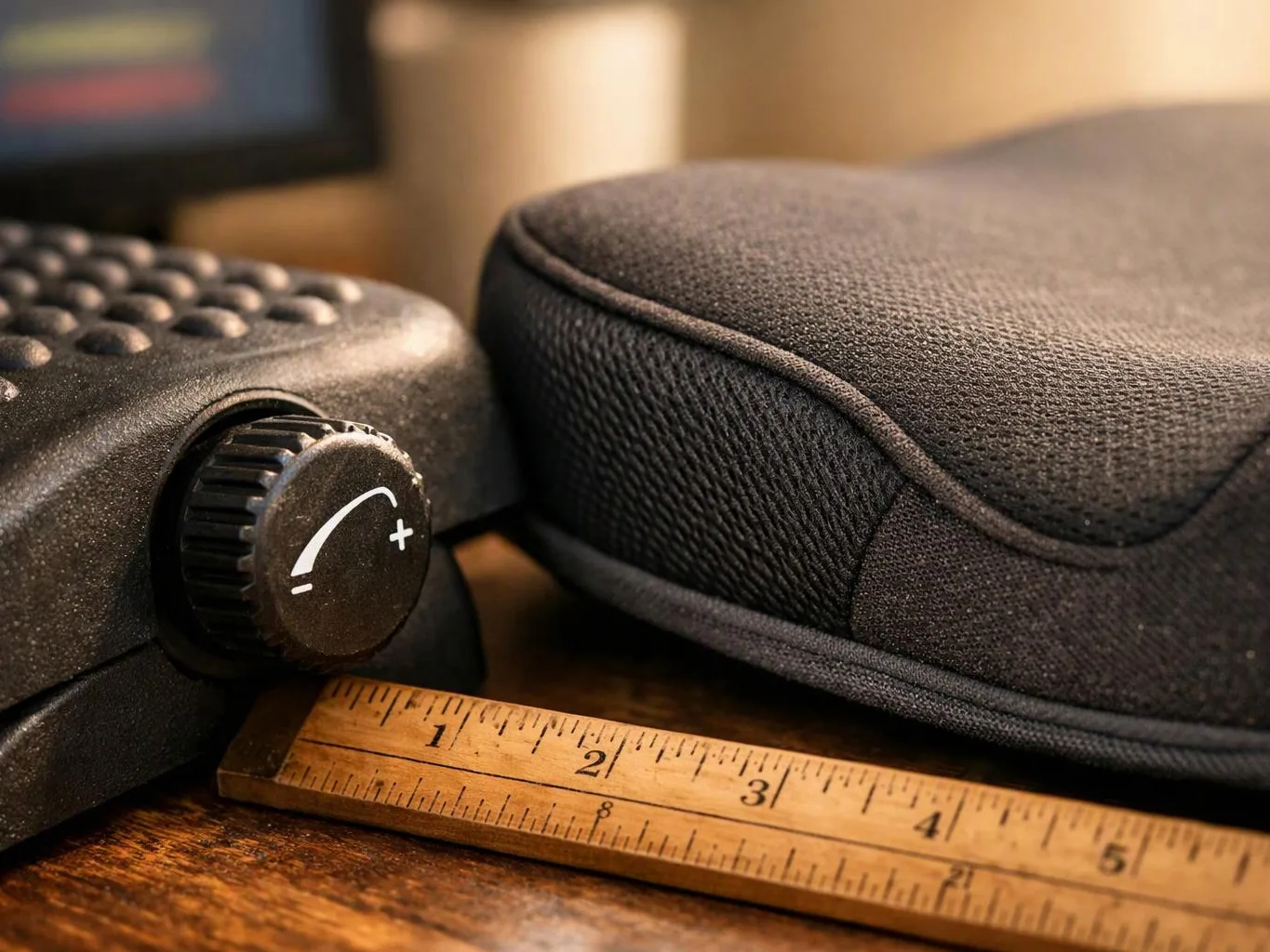 A close-up shows a black adjustment knob beside a padded seat and a wooden ruler on a table
