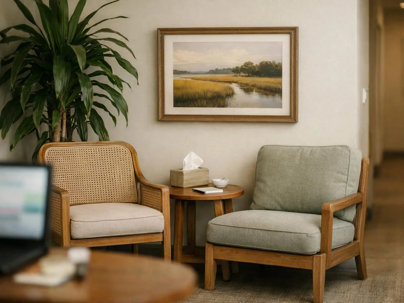 A cozy waiting area with two armchairs, a small side table, a potted plant, and framed landscape art on the wall