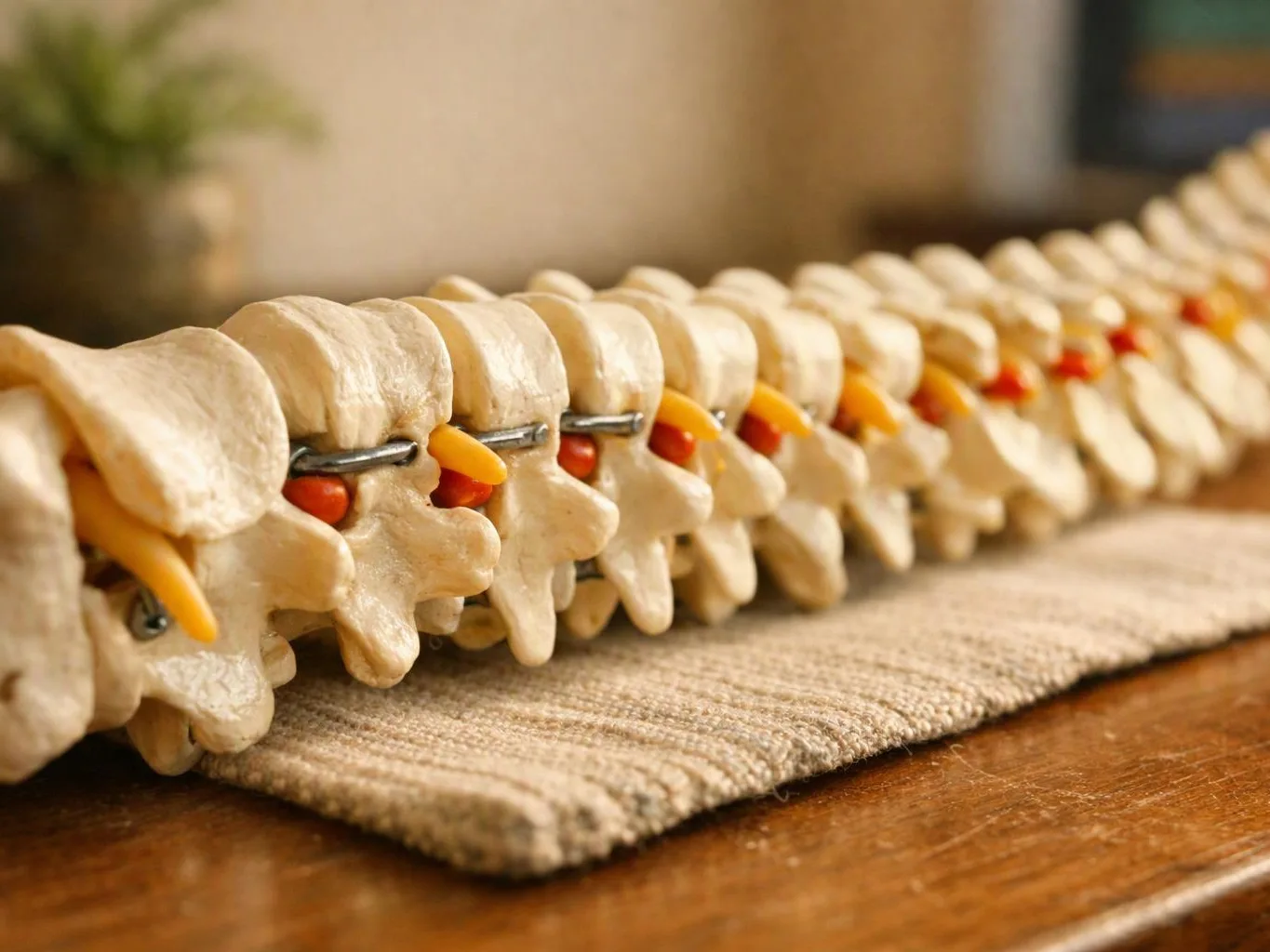 A detailed spine model lies on a woven mat, showing bone segments and colored nerve roots on a wooden table