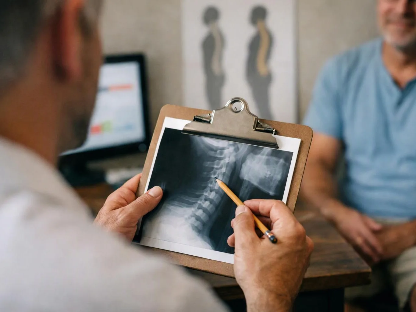 A doctor points to a neck X-ray on a clipboard while speaking with a seated patient in an exam room