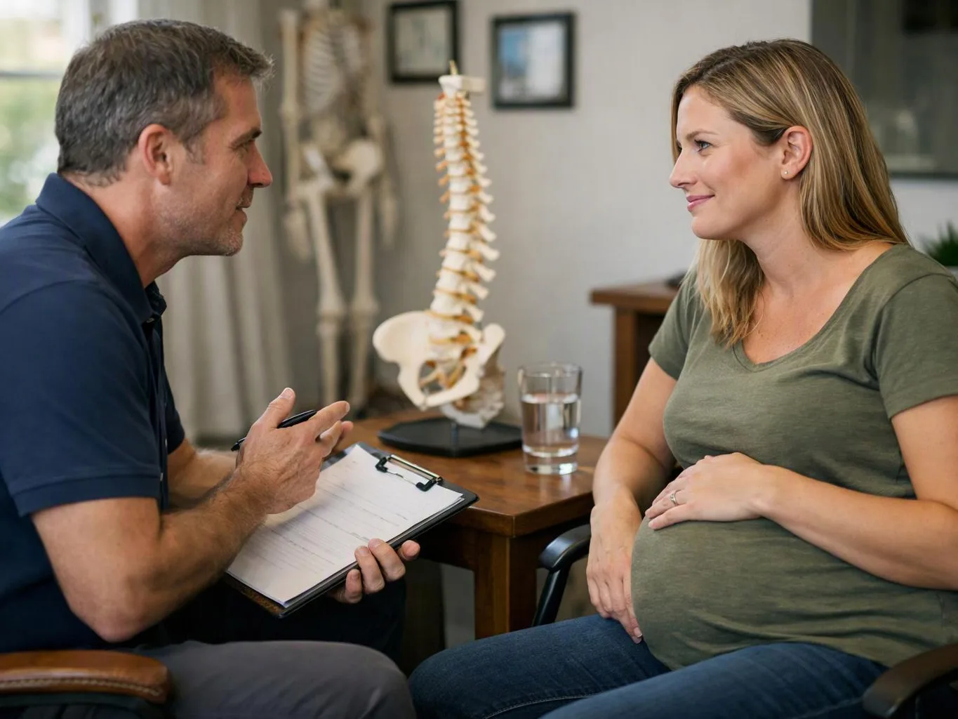 A doctor talks with a pregnant woman in an exam room, with a spine model and glass of water behind them