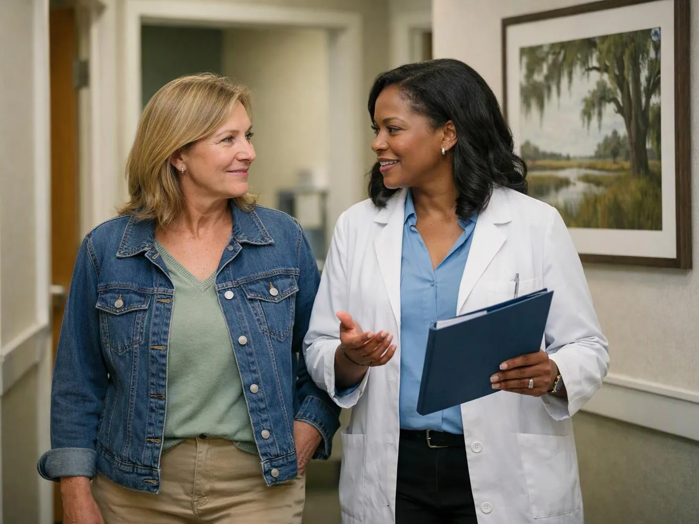 A doctor in a white coat talks with a smiling woman in a hallway, holding a blue folder