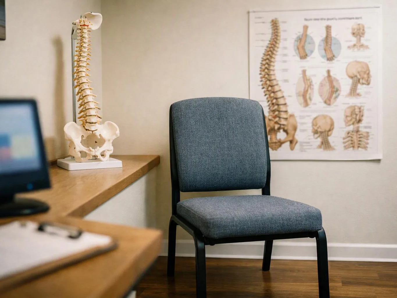 An empty exam room shows a blue chair, spine model, and anatomy poster on beige walls