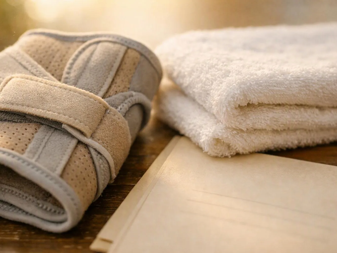 A folded beige brace, a white towel, and a plain folder rest on a wooden table