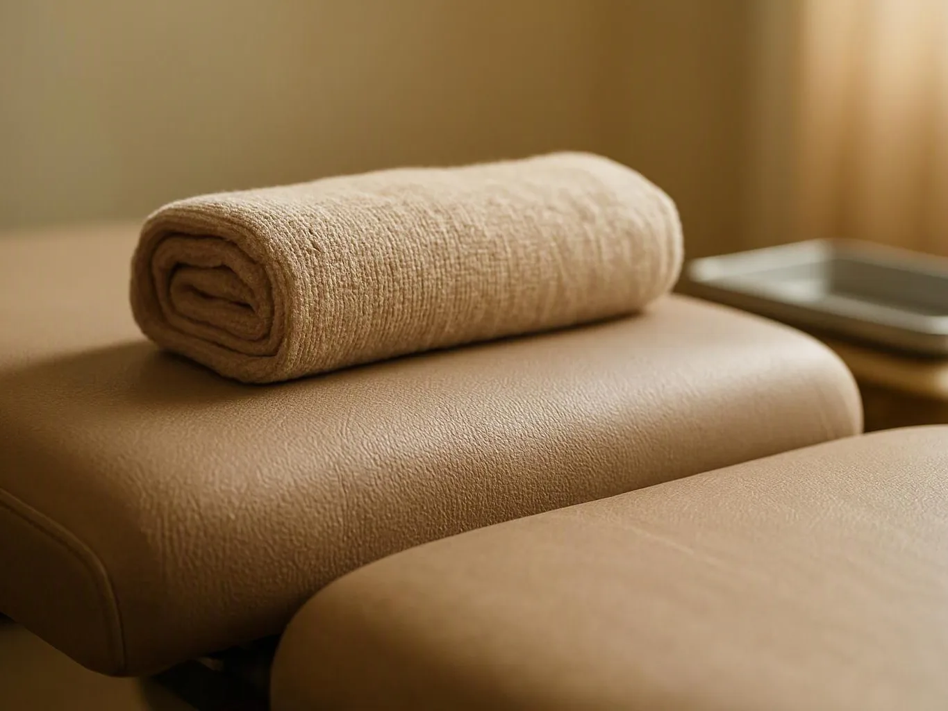 A folded beige towel rests on a padded spa table beside a small tray in warm light