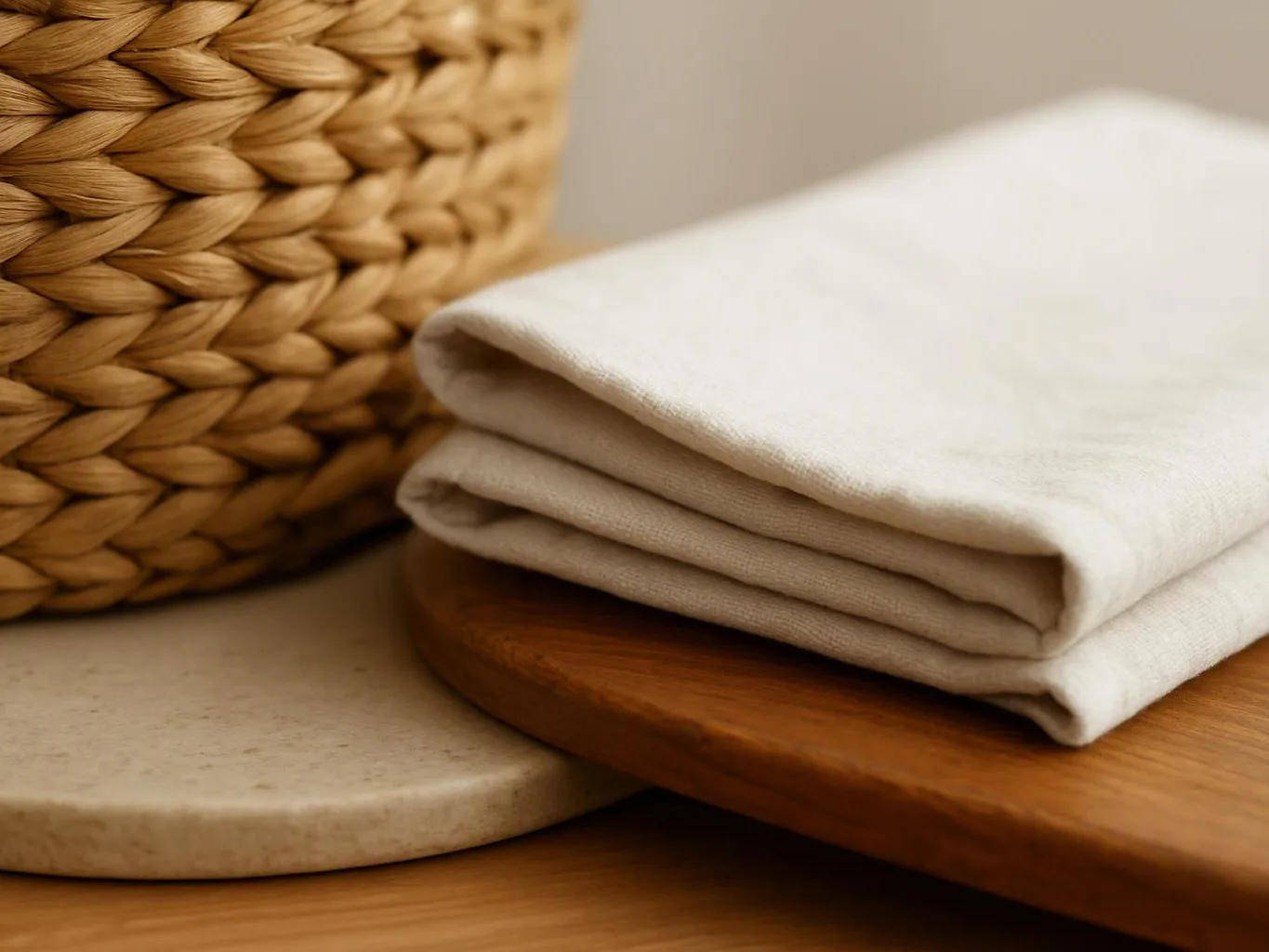 Folded white cloth rests on a wooden board beside a woven basket and stone tray