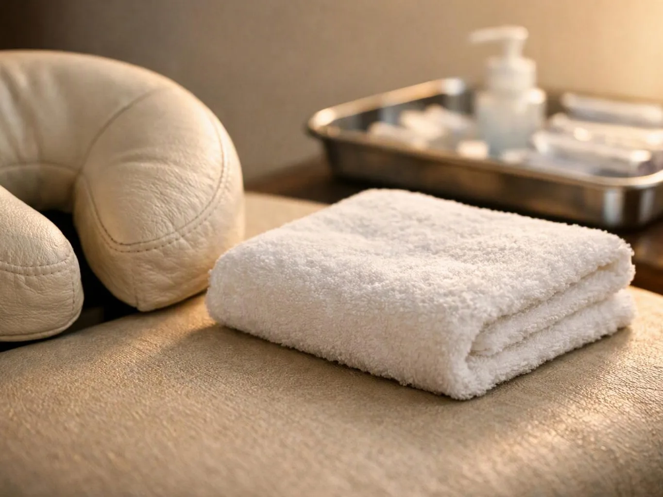 A folded white towel sits beside a neck pillow and a tray with toiletries on a warm table