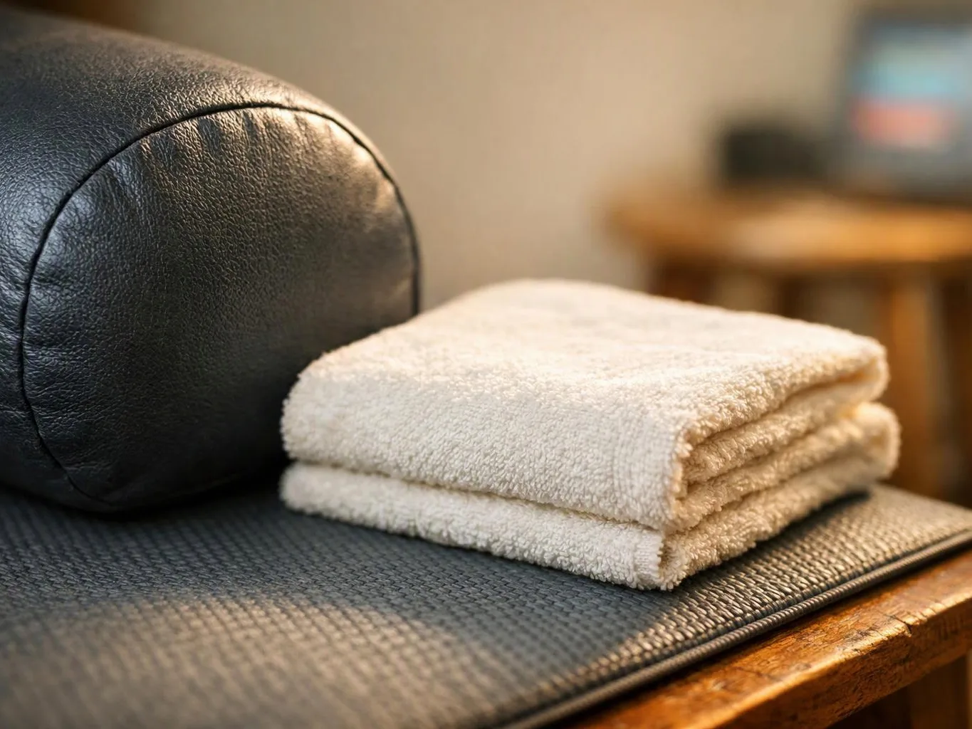 Folded white towels rest beside a black leather cushion on a wooden chair in a softly lit room