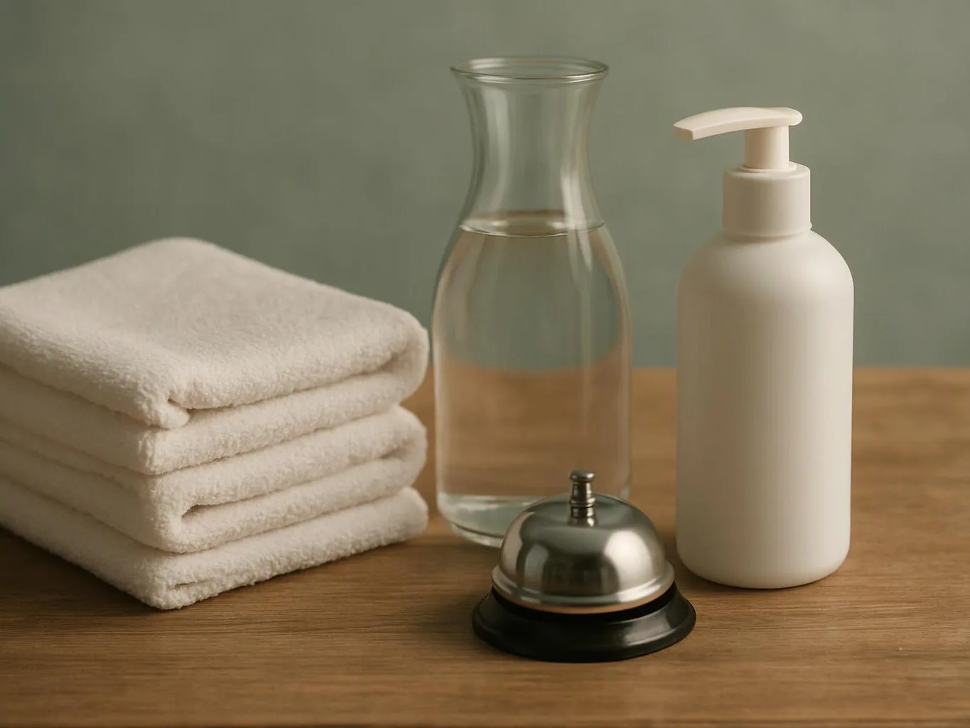 Folded white towels sit beside a glass carafe, a soap dispenser, and a service bell on a wooden table