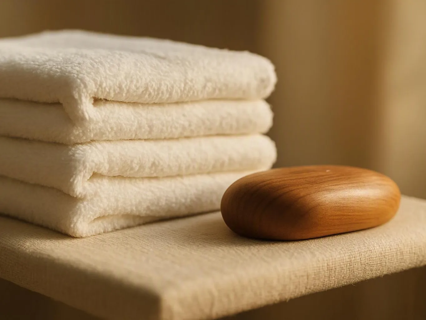 Folded white towels sit beside a smooth wooden soap bar on a beige shelf
