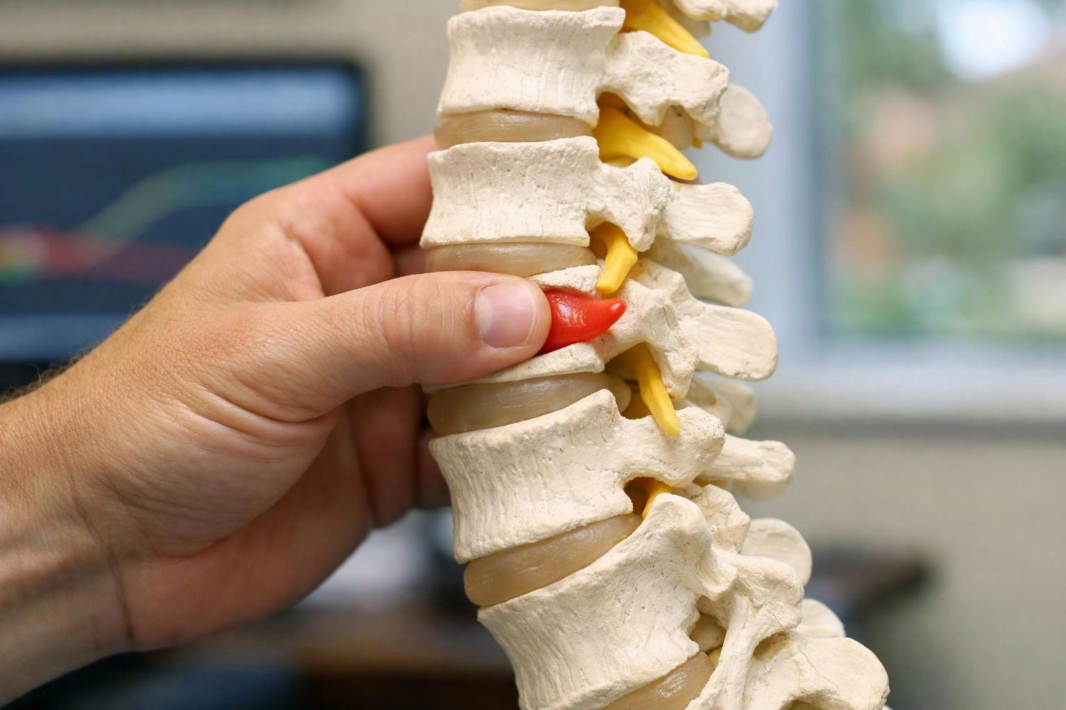 A hand holds a spine model with red and yellow nerve parts against a blurred indoor background