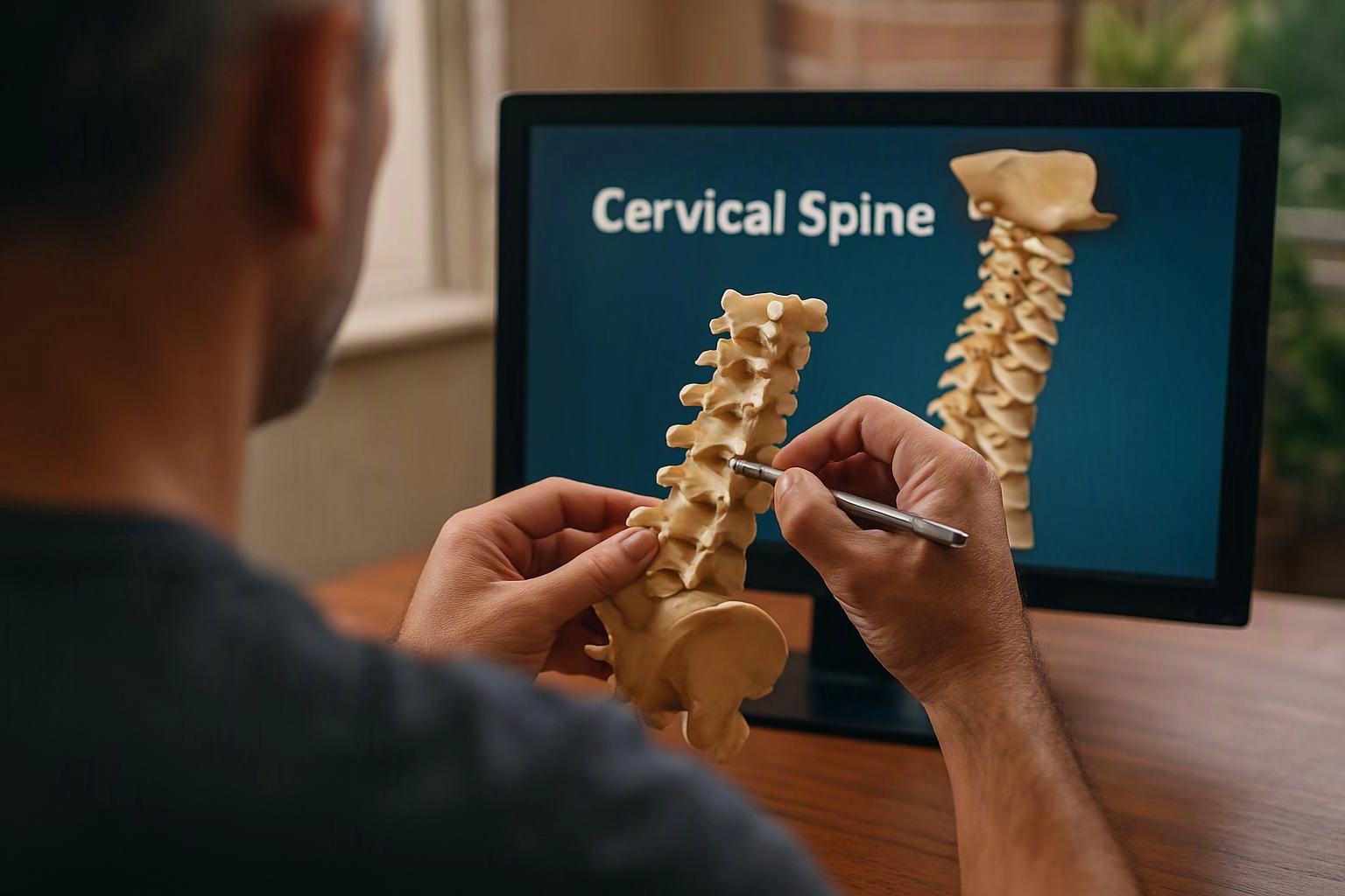 A person studies a spine model while pointing at a screen labeled Cervical Spine