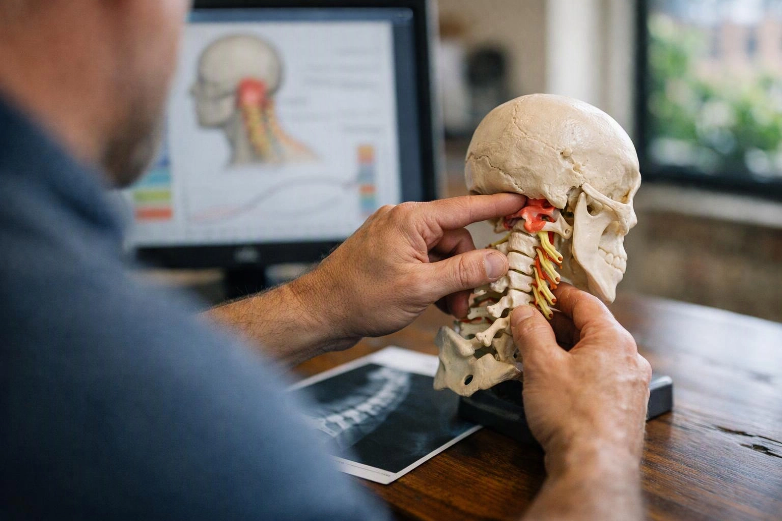 A person studies a skull model beside a computer showing a neck diagram on a desk