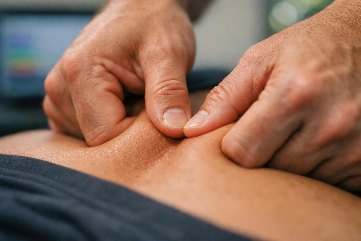Hands press and pinch a person’s skin in a close-up massage scene