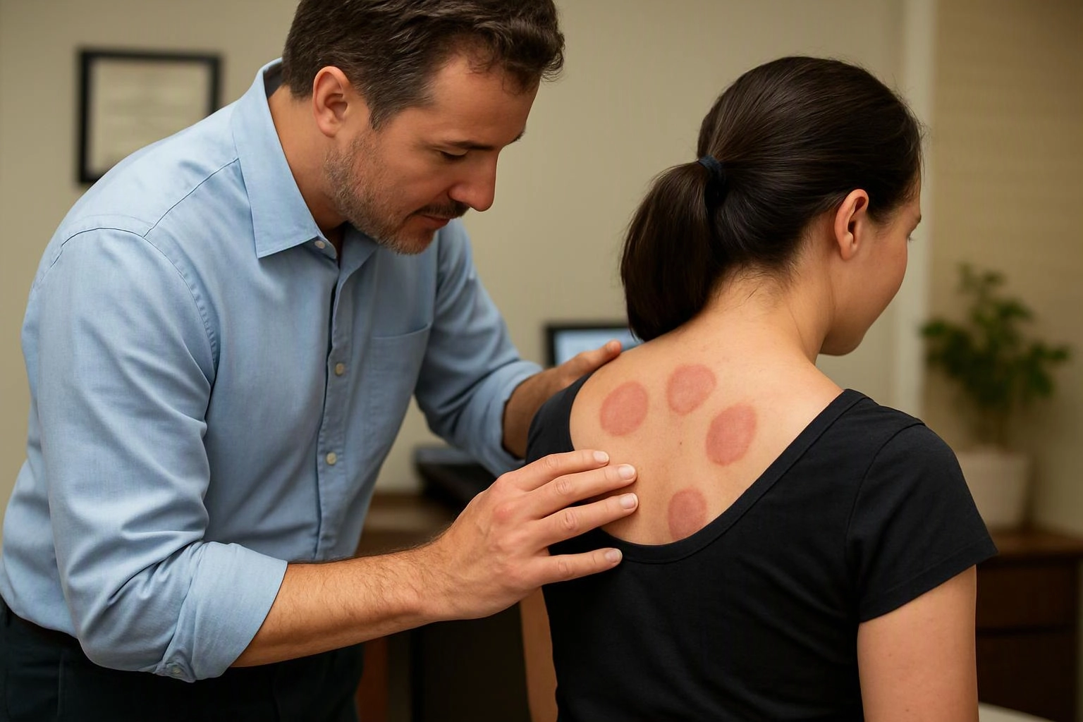 A man examines red circular marks on a woman's upper back in a clinic-like room