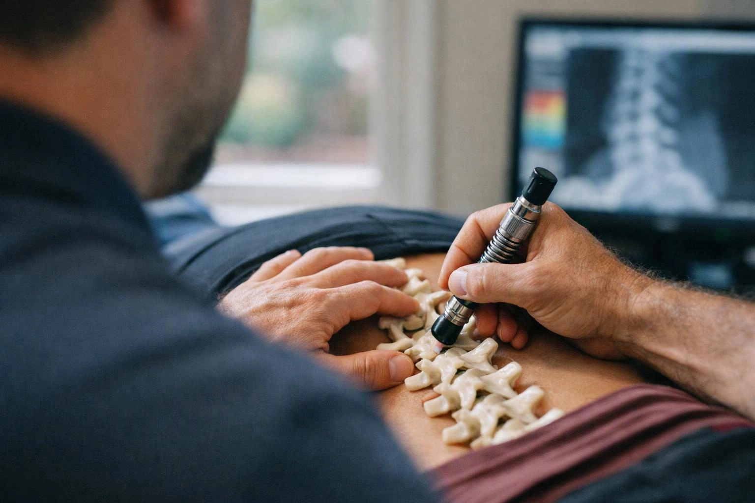 A clinician uses a handheld tool on a patient’s exposed spine during an exam in a bright room