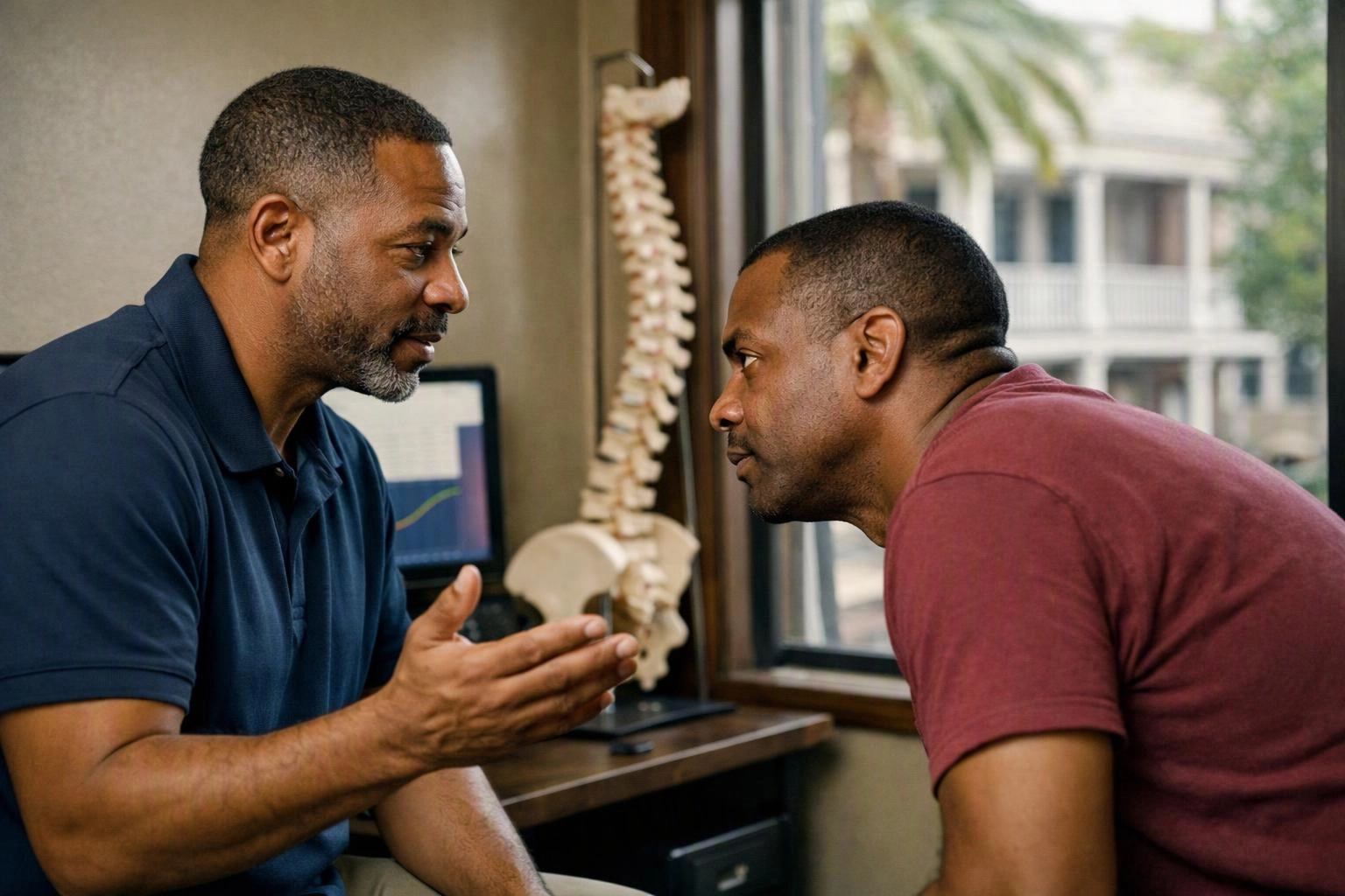 Two men sit face to face in an office, talking beside a window and a spine model