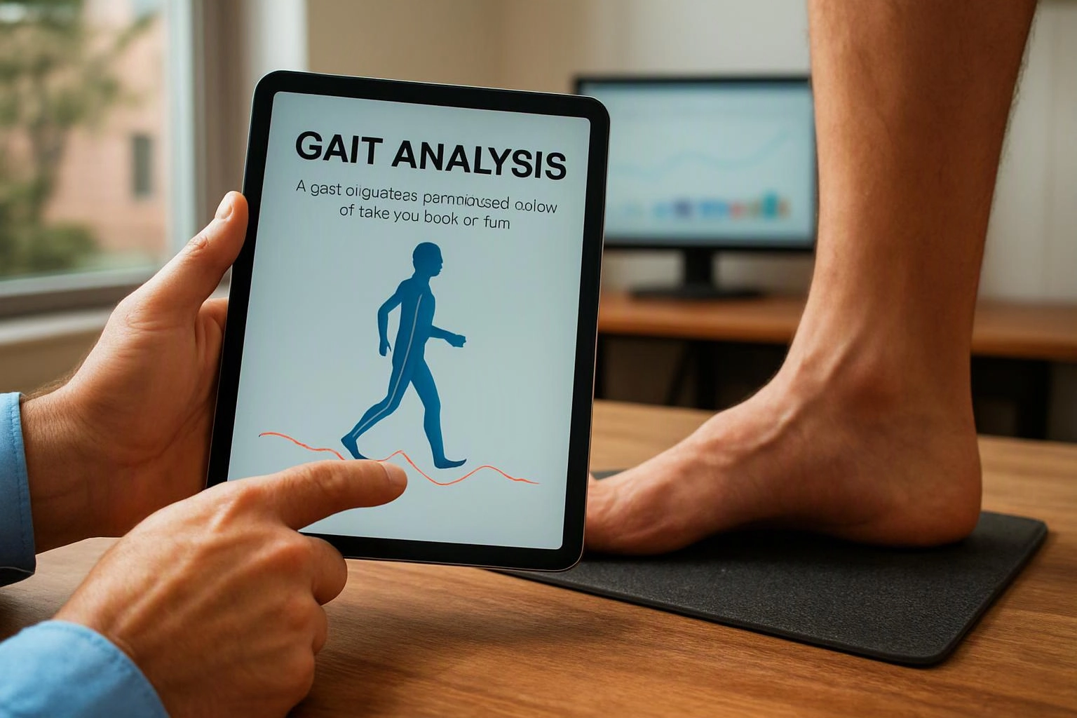 A person points at a tablet showing gait analysis beside a bare foot on a mat in a clinic room