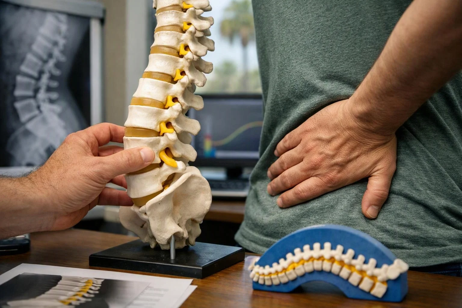 A person holds a spine model while another stands with a hand on their lower back in a clinic setting
