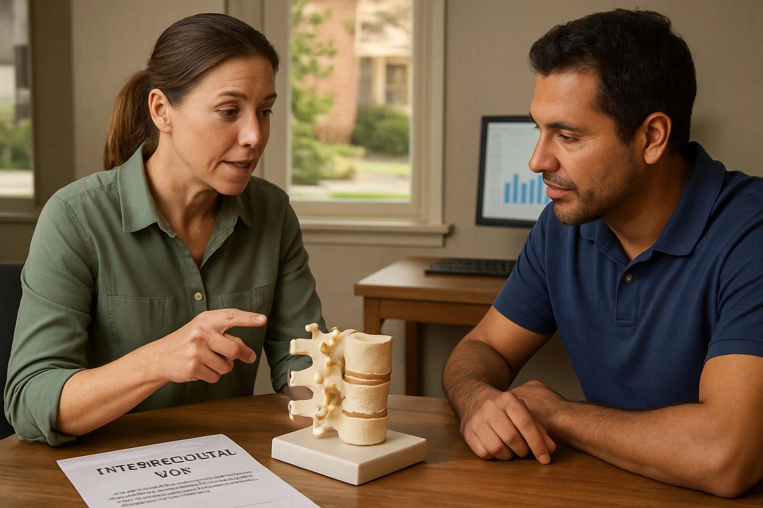 A woman points to a spine model while talking with a man across a table in an office