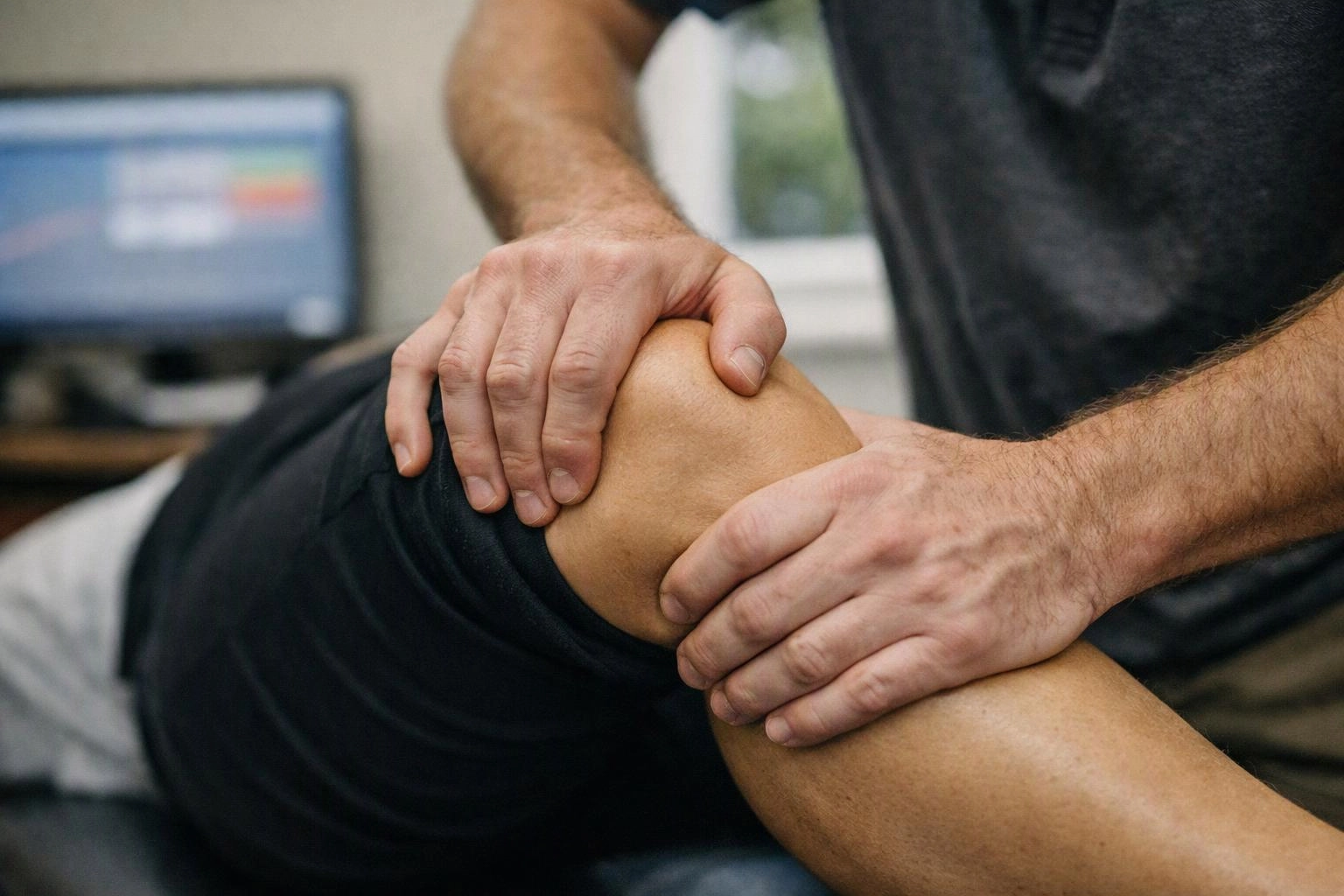 A therapist presses and holds a patient’s bent knee during a treatment session in a clinic room