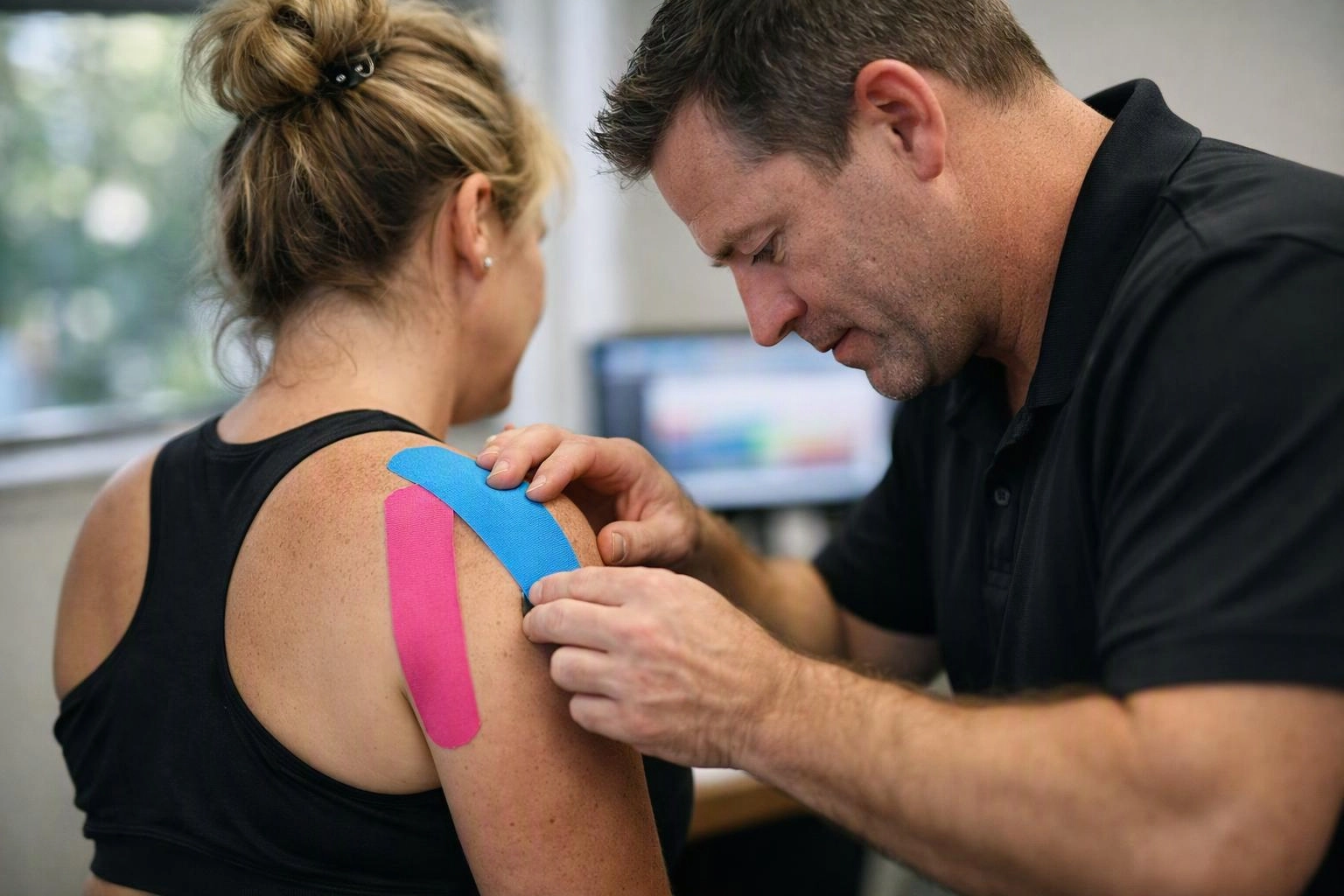 A man applies blue and pink kinesiology tape to a woman’s shoulder in a clinic room
