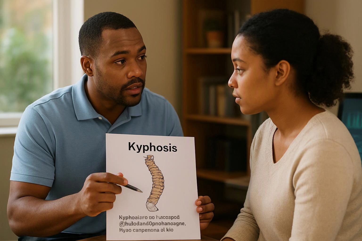 A man points at a kyphosis diagram while speaking to a woman indoors