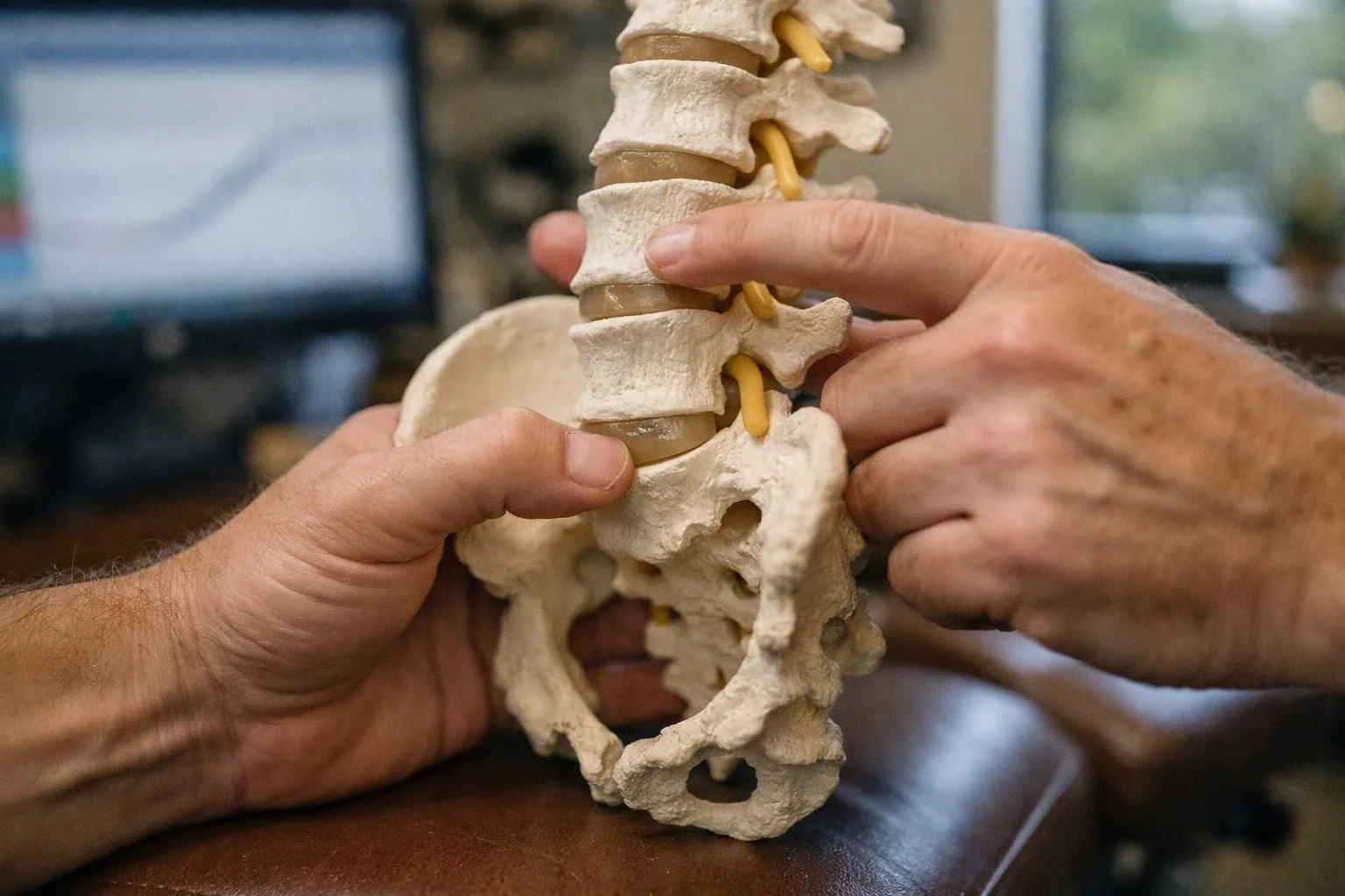 Hands point to a spine and pelvis model on a desk in an office setting