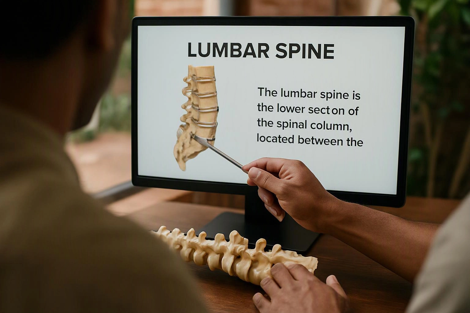 Two people study a lumbar spine model on a desk while a screen shows a spine diagram and text