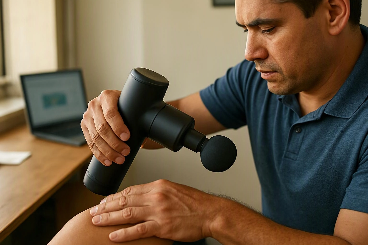 A man uses a massage gun on a bare knee in a home office with a laptop nearby