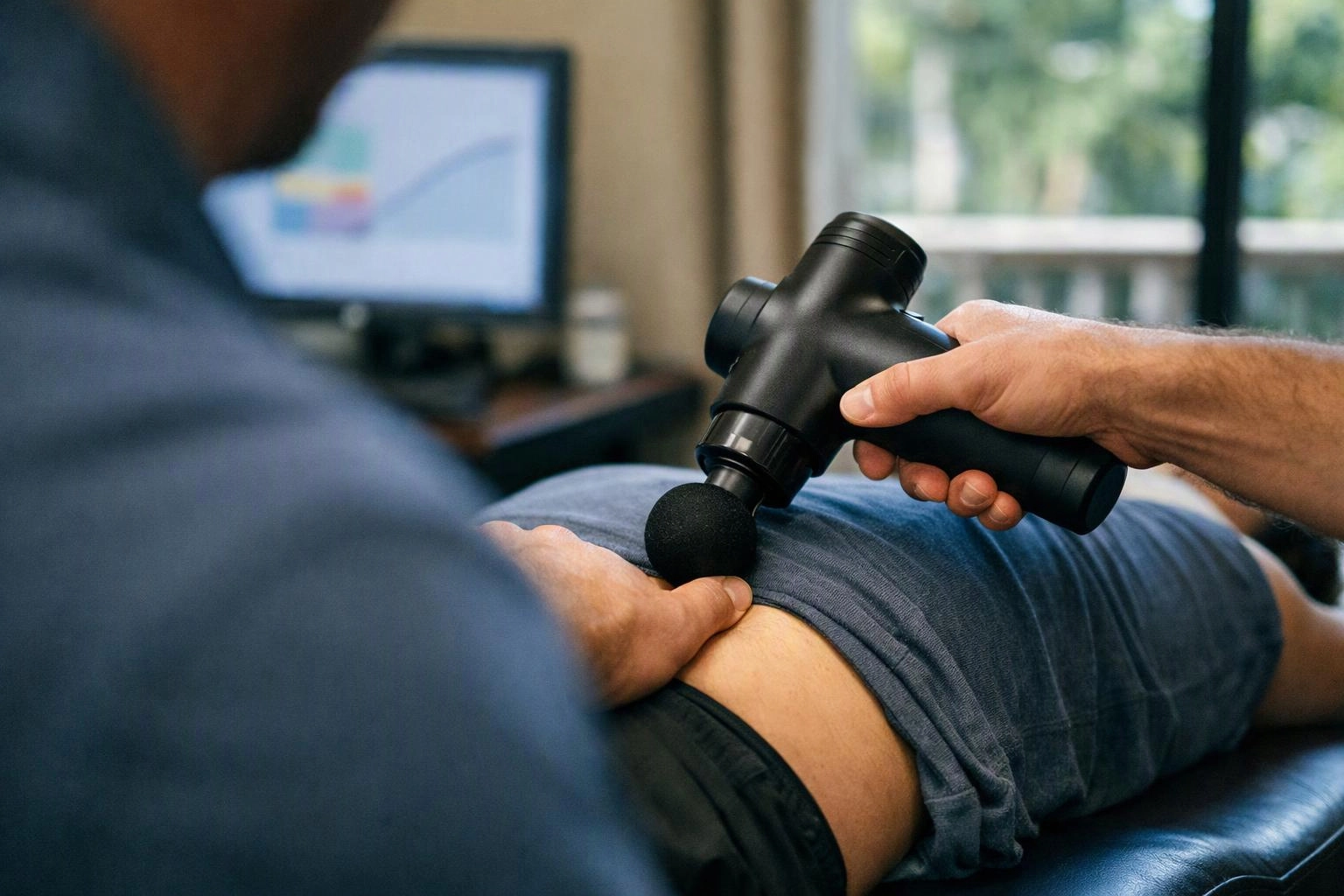 A person uses a massage gun on another person’s lower back on a treatment table