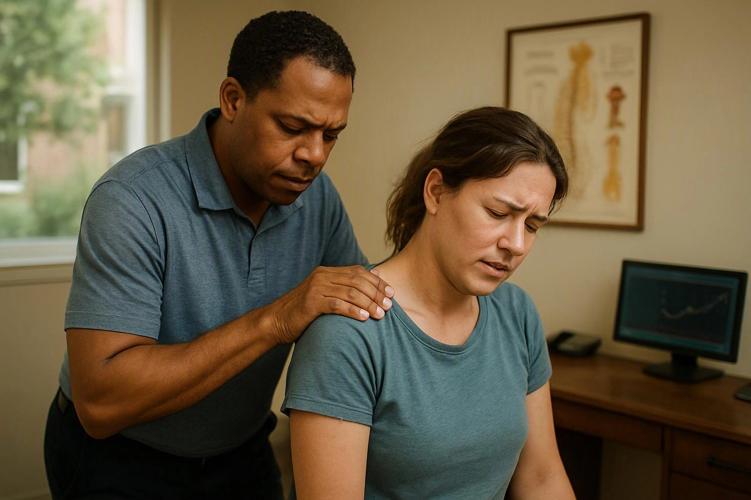A man gently presses a woman’s shoulder while she sits tense in a clinic-like room
