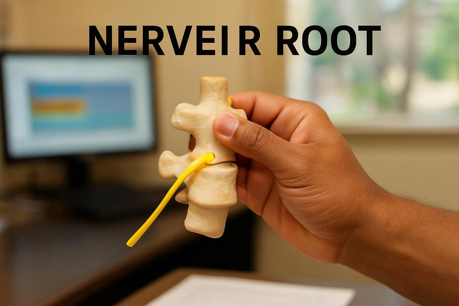 A hand holds a spine model with a yellow nerve root in an office setting