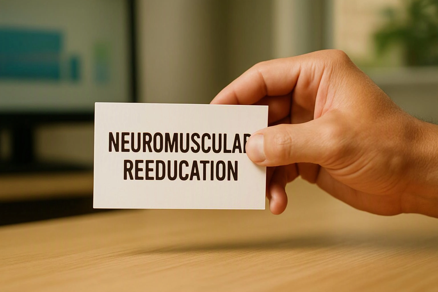 A hand holds a card reading "NEUROMUSCULAR REEDUCATION" above a wooden table indoors