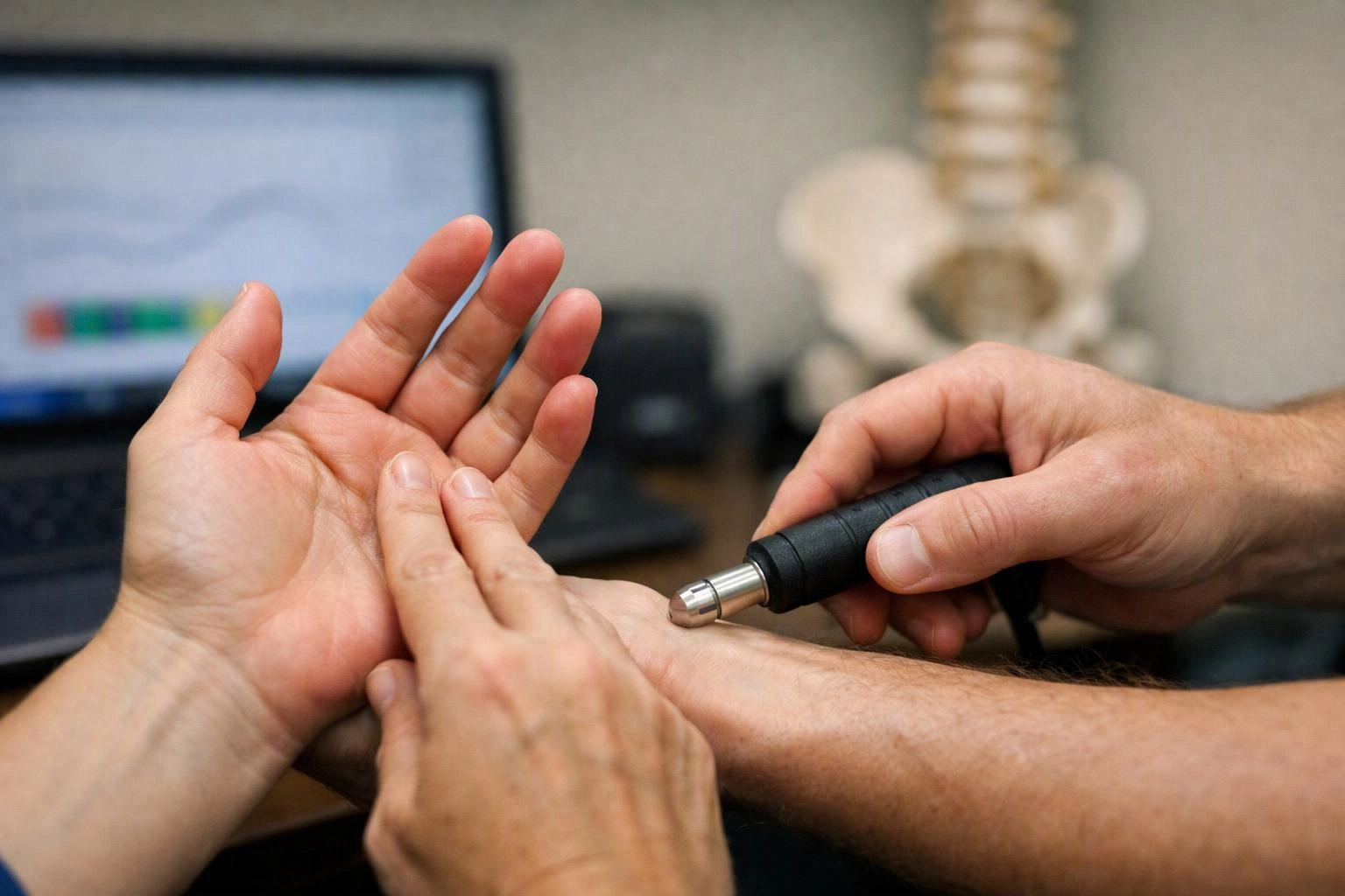 A clinician presses a handheld device against a patient’s palm beside a blurred computer and spine model