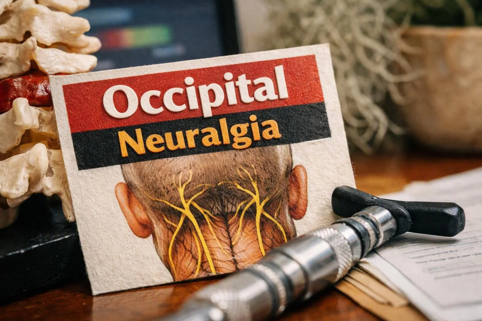 A medical card reading “Occipital Neuralgia” stands beside a spinal model and a metal tool on a desk