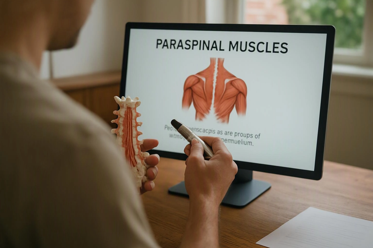 Person holding a spine model and pointing at a computer screen showing “PARASPINAL MUSCLES” diagram