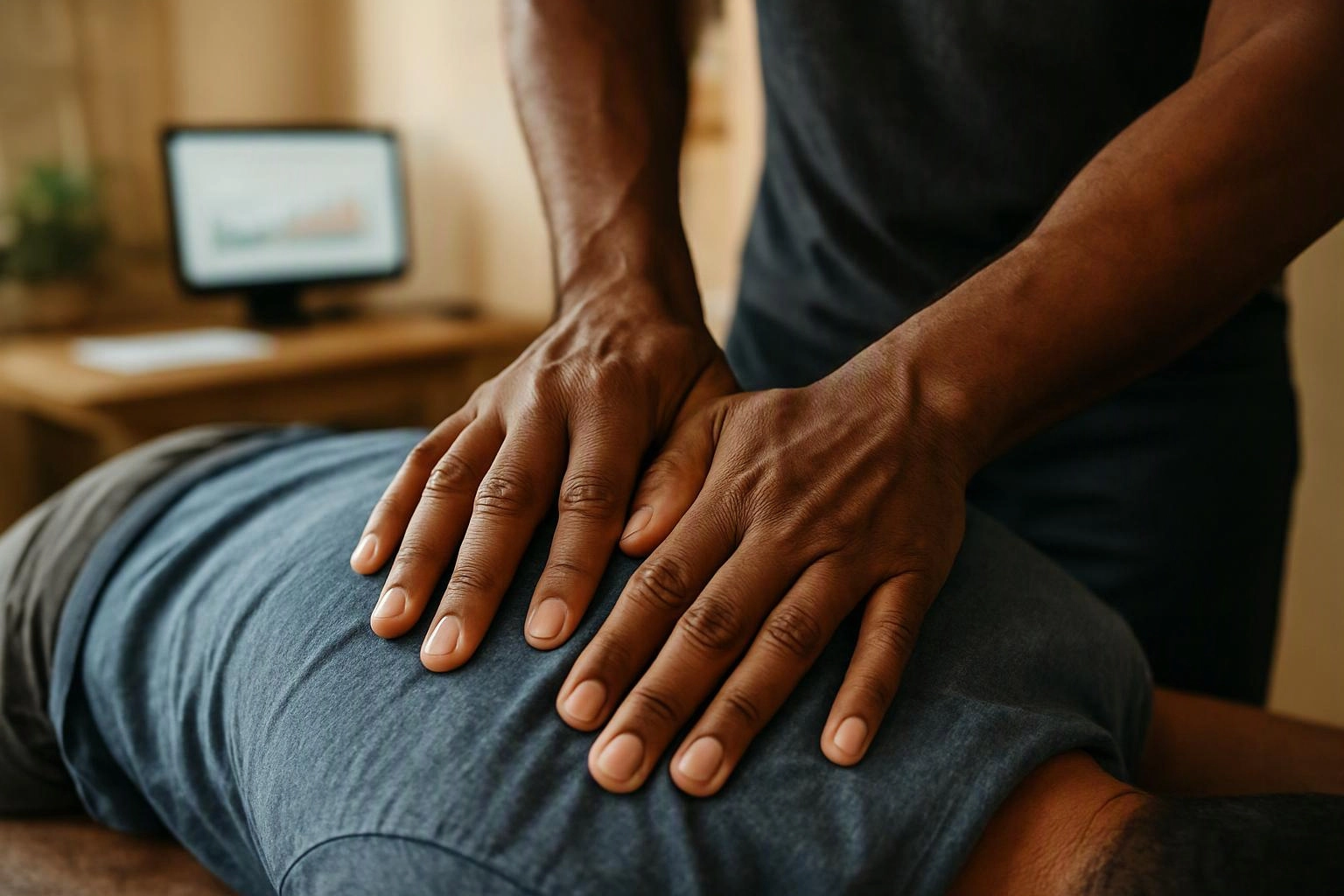 A person presses both hands on another person’s back during a massage in a warm indoor room